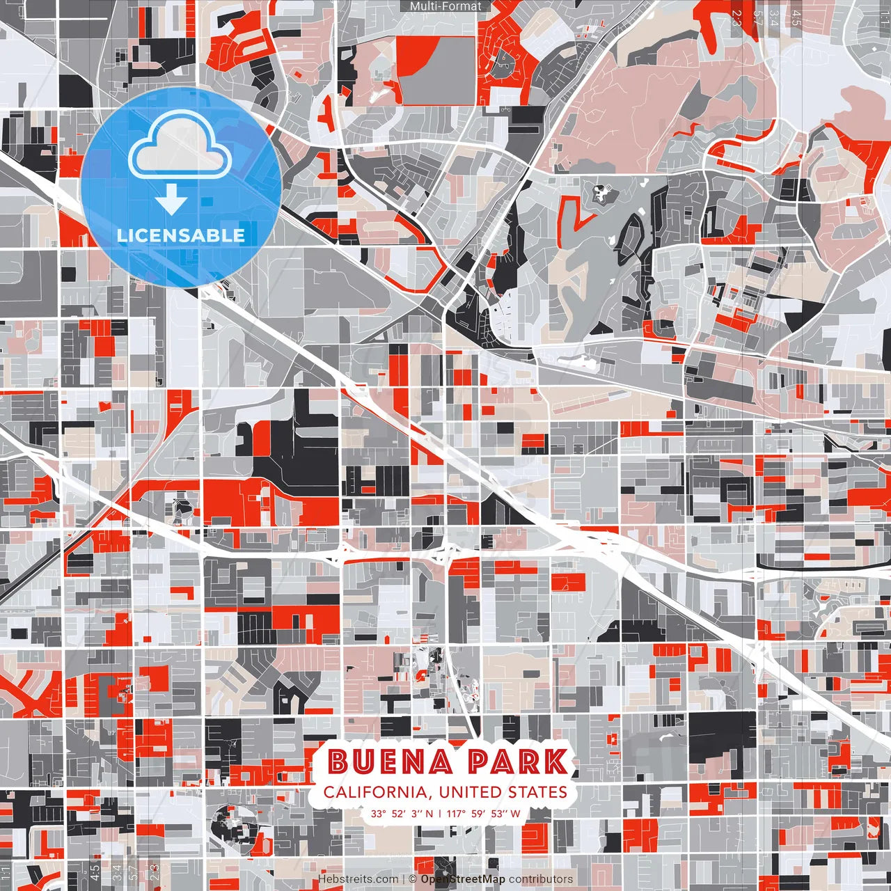 Buena Park, California, United States - modern street map poster template with gray and red tones