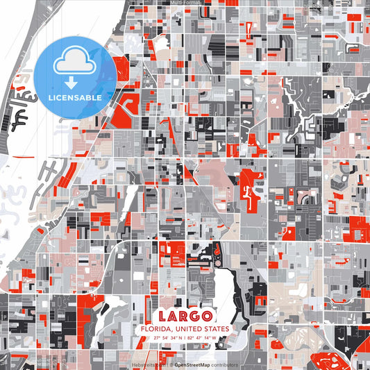 Largo, Florida, United States - modern street map poster template with gray and red tones