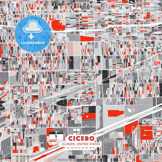 Cicero, Illinois, United States - modern street map poster template with gray and red tones