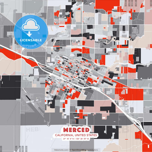 Merced, California, United States - modern street map poster template with gray and red tones
