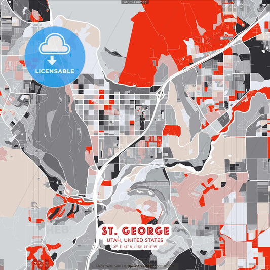 St. George, Utah, United States - modern street map poster template with gray and red tones