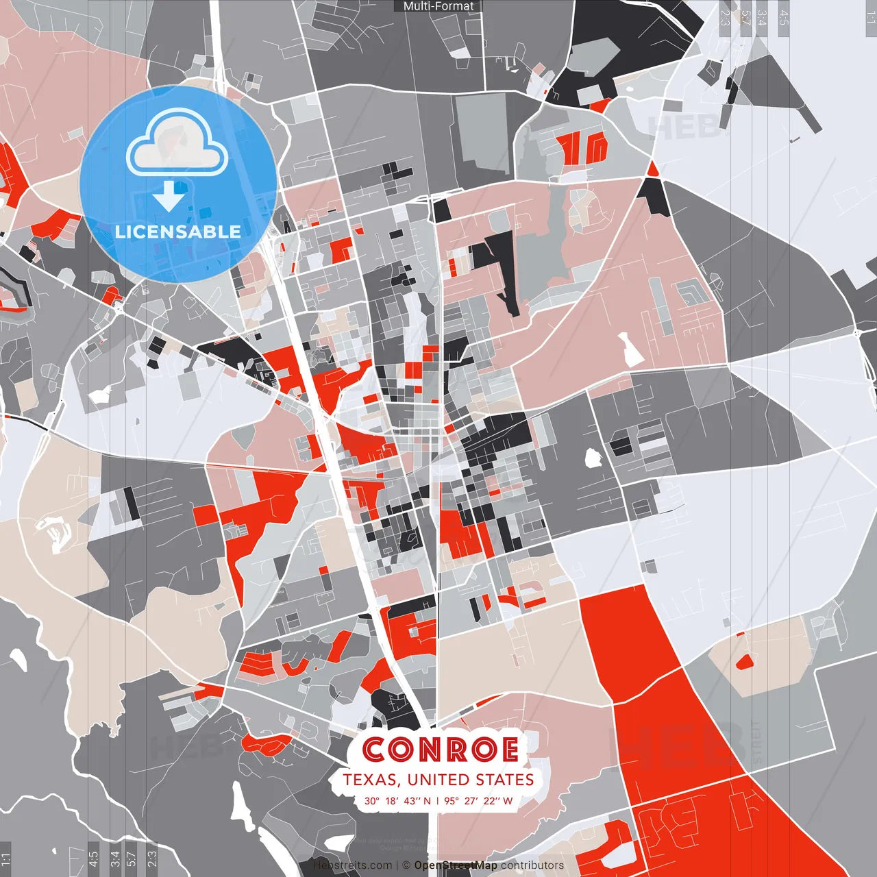 Conroe, Texas, United States - modern street map poster template with gray and red tones