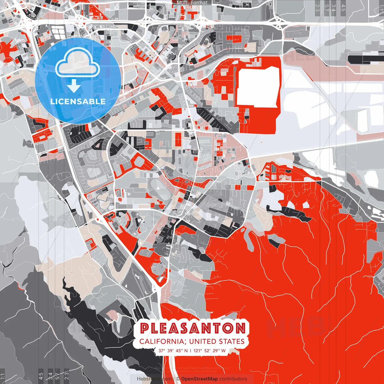 Pleasanton, California, United States - modern street map poster template with gray and red tones