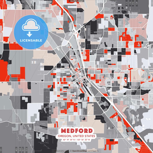 Medford, Oregon, United States - modern street map poster template with gray and red tones