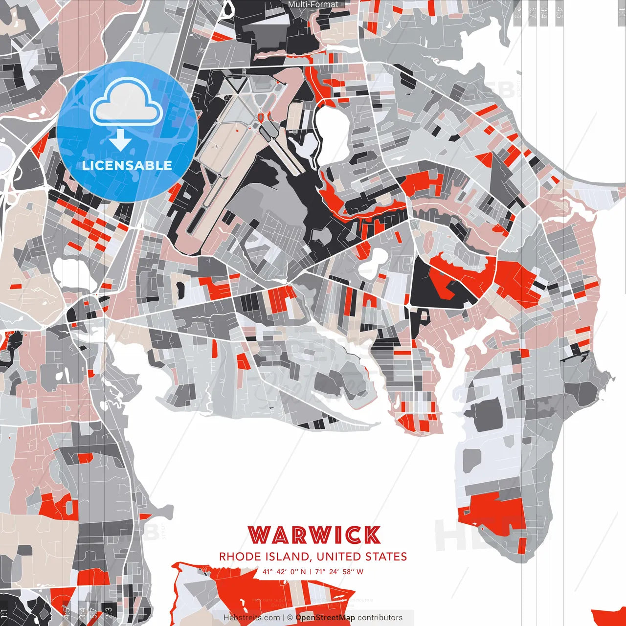 Warwick, Rhode Island, United States - modern street map poster template with gray and red tones