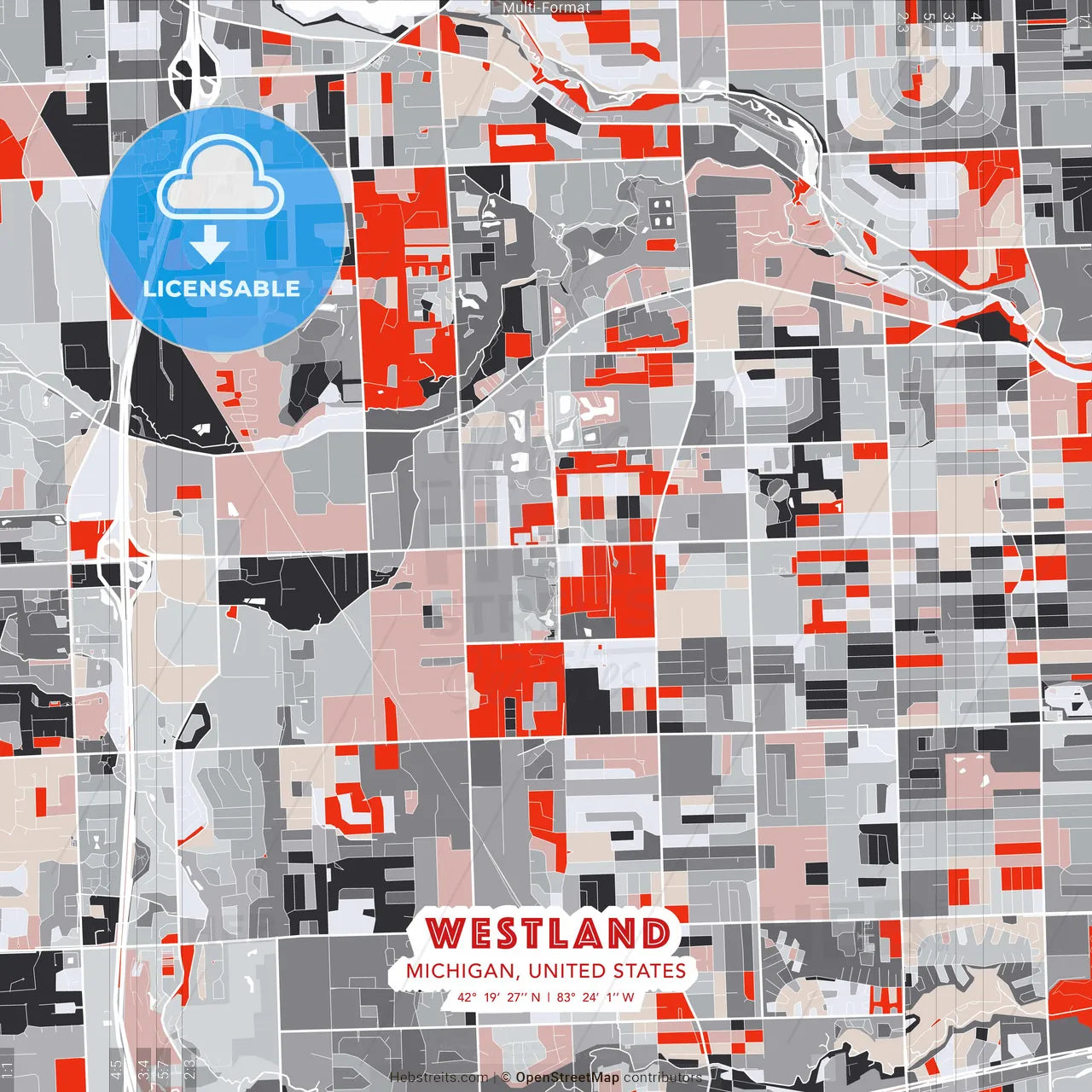 Westland, Michigan, United States - modern street map poster template with gray and red tones