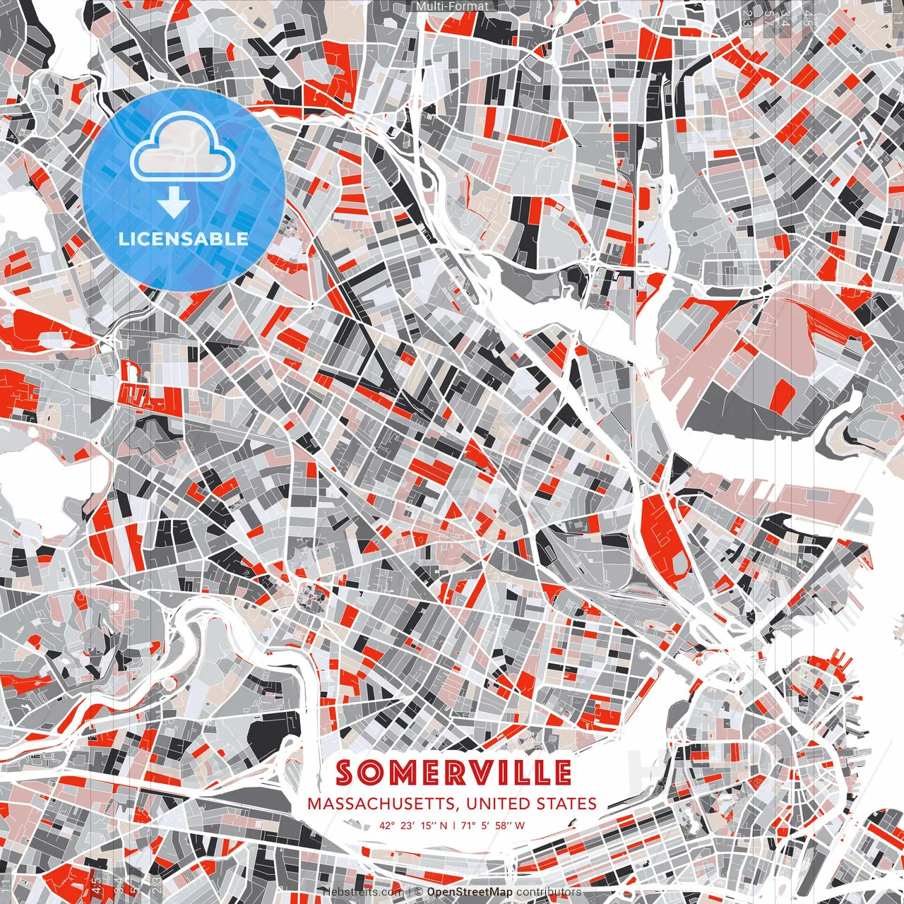 Somerville, Massachusetts, United States - modern street map poster template with gray and red tones
