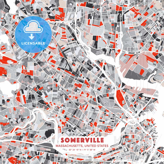 Somerville, Massachusetts, United States - modern street map poster template with gray and red tones