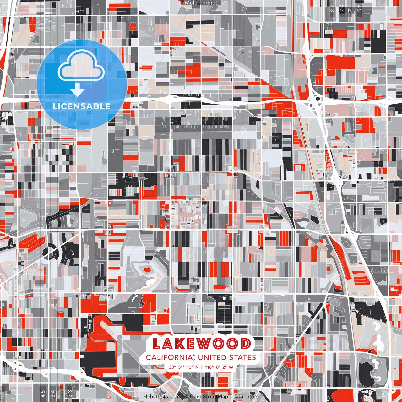 Lakewood, California, United States - modern street map poster template with gray and red tones