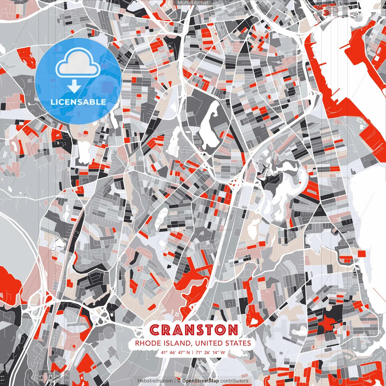 Cranston, Rhode Island, United States - modern street map poster template with gray and red tones