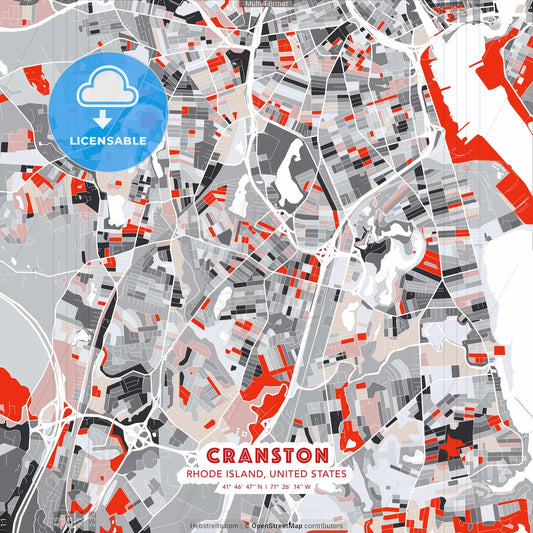 Cranston, Rhode Island, United States - modern street map poster template with gray and red tones