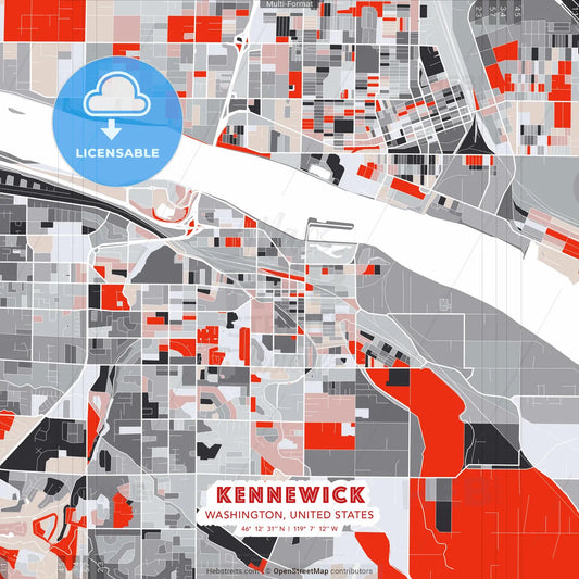 Kennewick, Washington, United States - modern street map poster template with gray and red tones