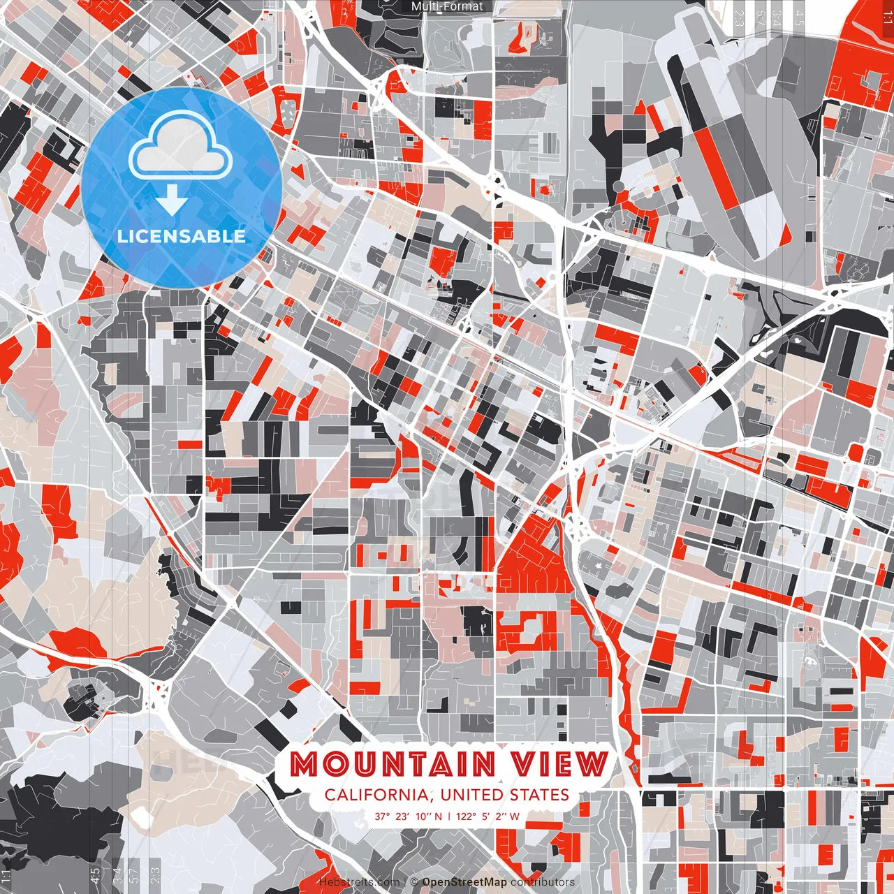 Mountain View, California, United States - modern street map poster template with gray and red tones