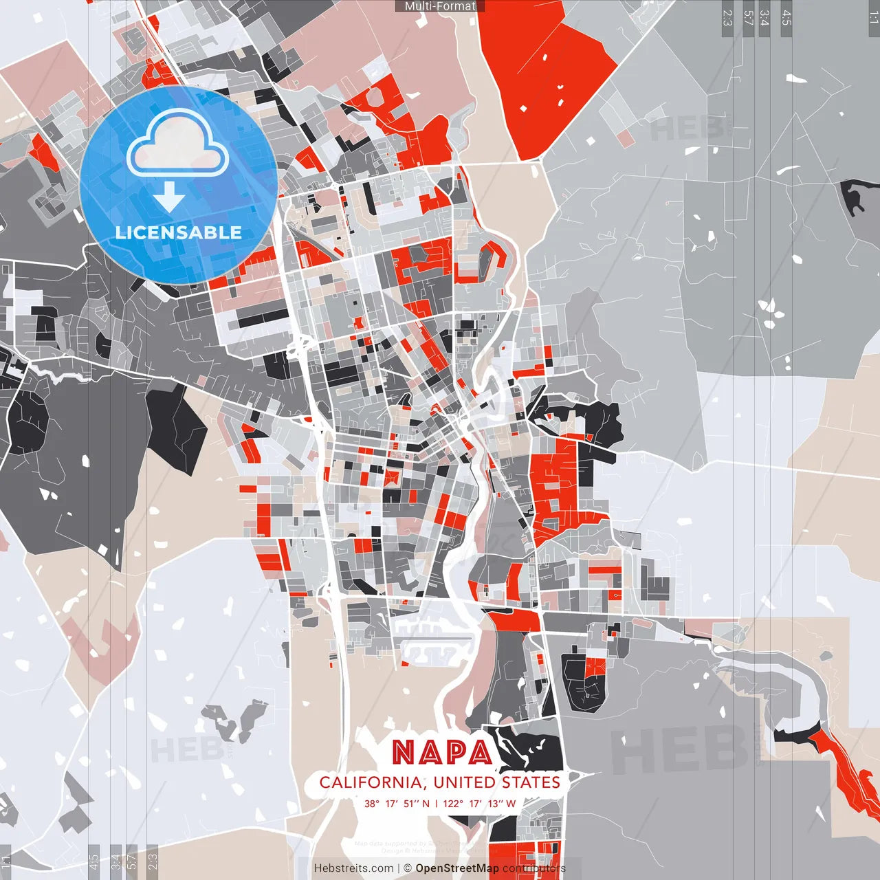 Napa, California, United States - modern street map poster template with gray and red tones