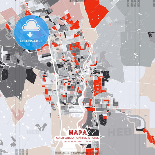 Napa, California, United States - modern street map poster template with gray and red tones