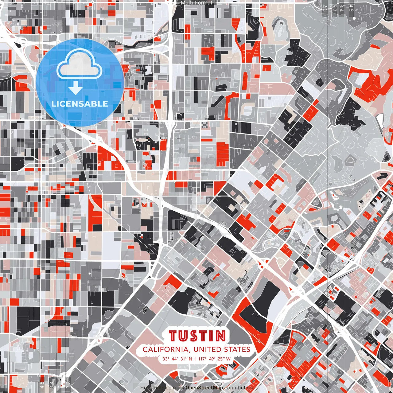 Tustin, California, United States - modern street map poster template with gray and red tones