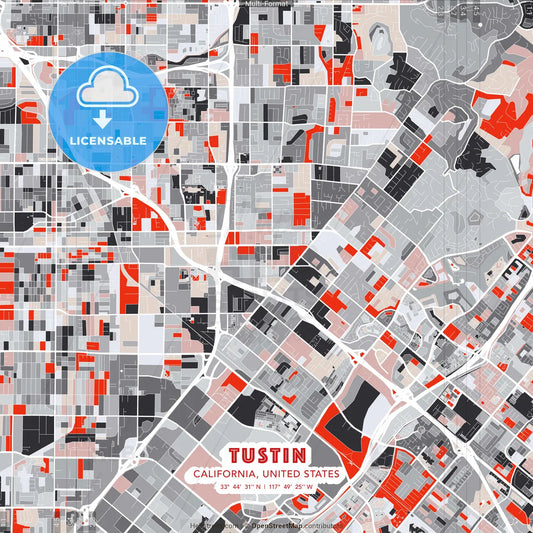 Tustin, California, United States - modern street map poster template with gray and red tones