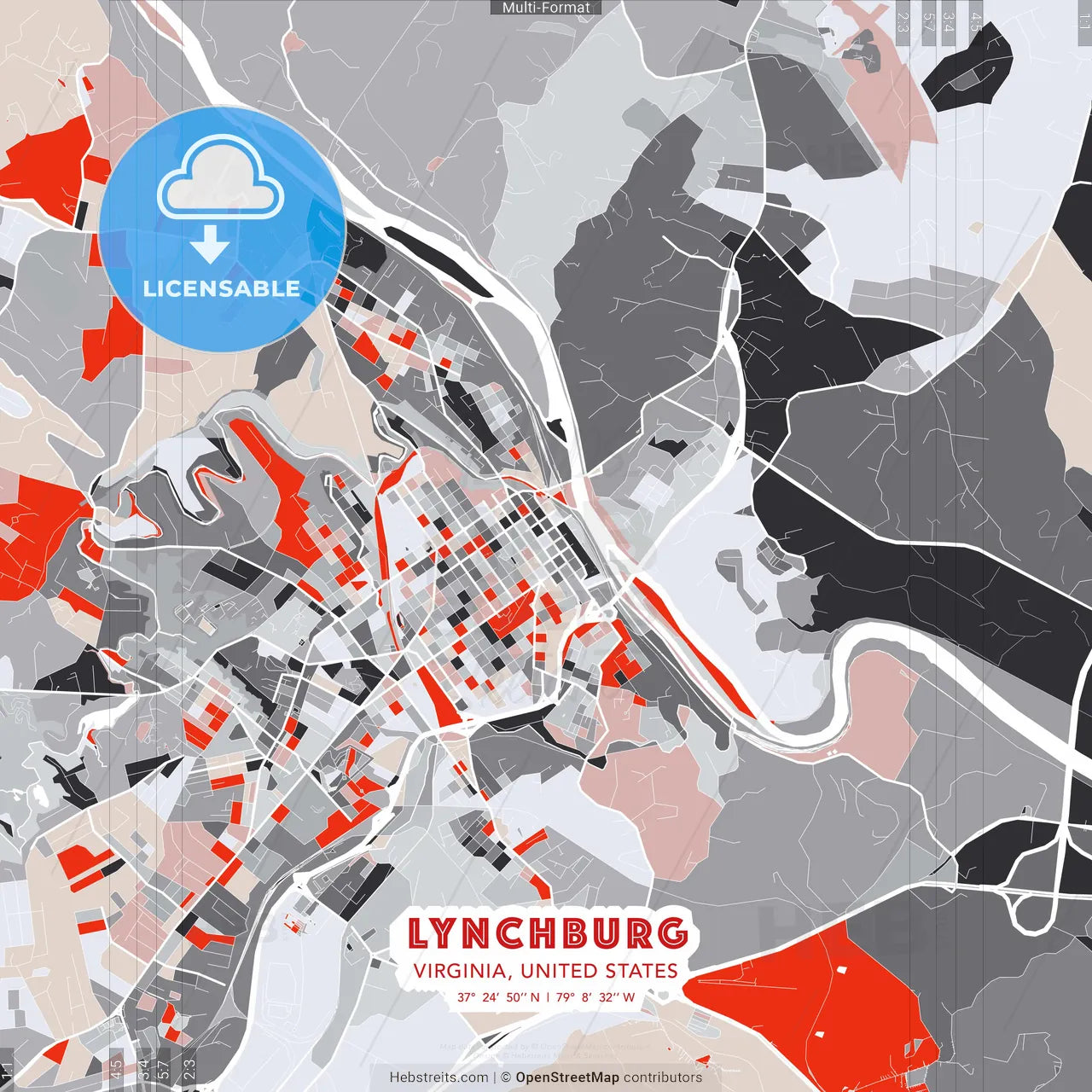 Lynchburg, Virginia, United States - modern street map poster template with gray and red tones