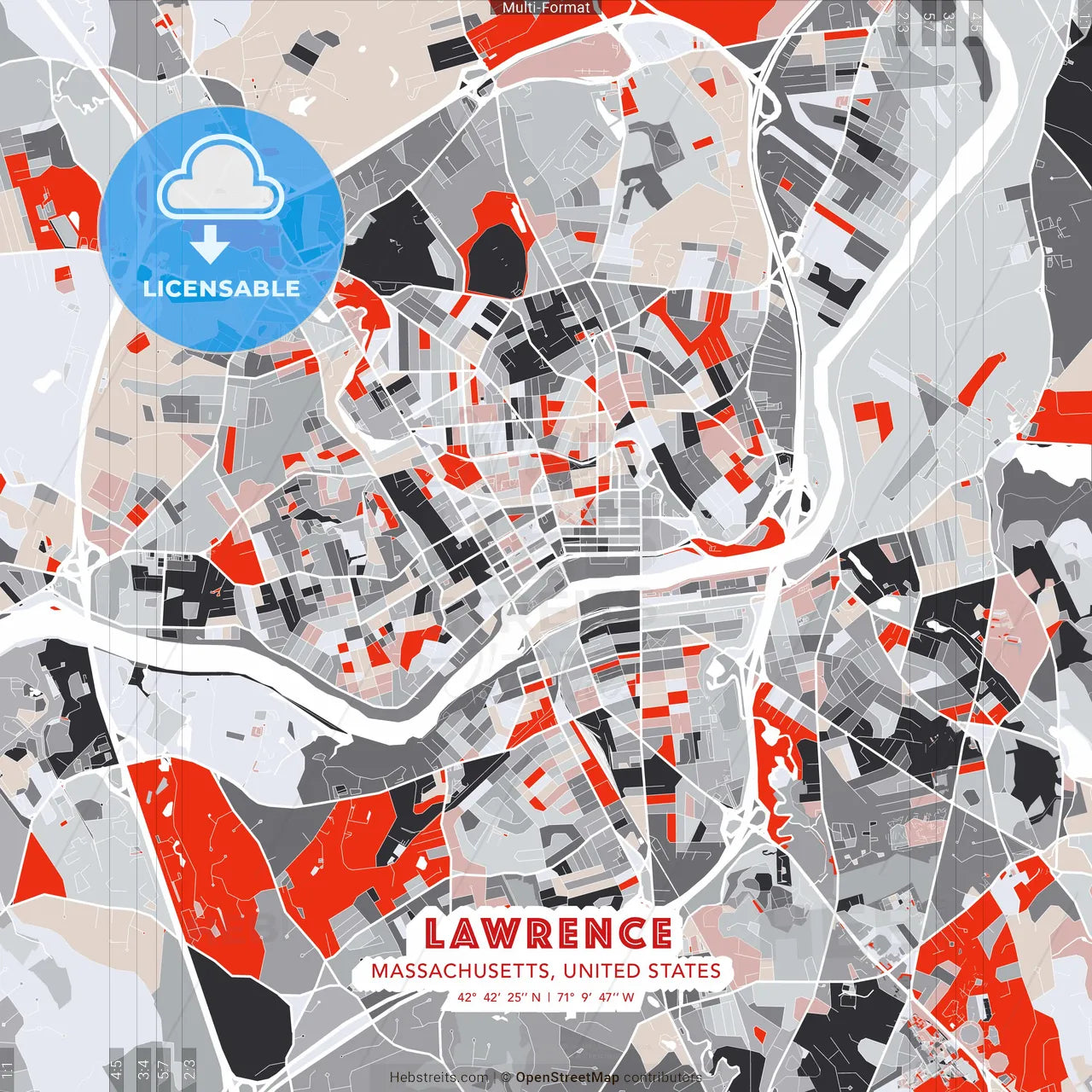 Lawrence, Massachusetts, United States - modern street map poster template with gray and red tones