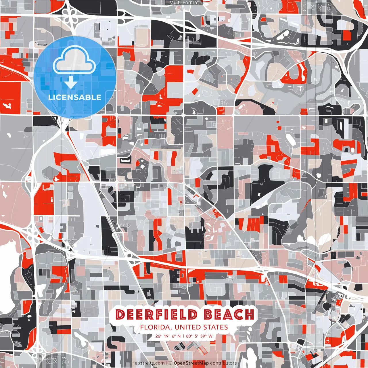 Deerfield Beach, Florida, United States - modern street map poster template with gray and red tones
