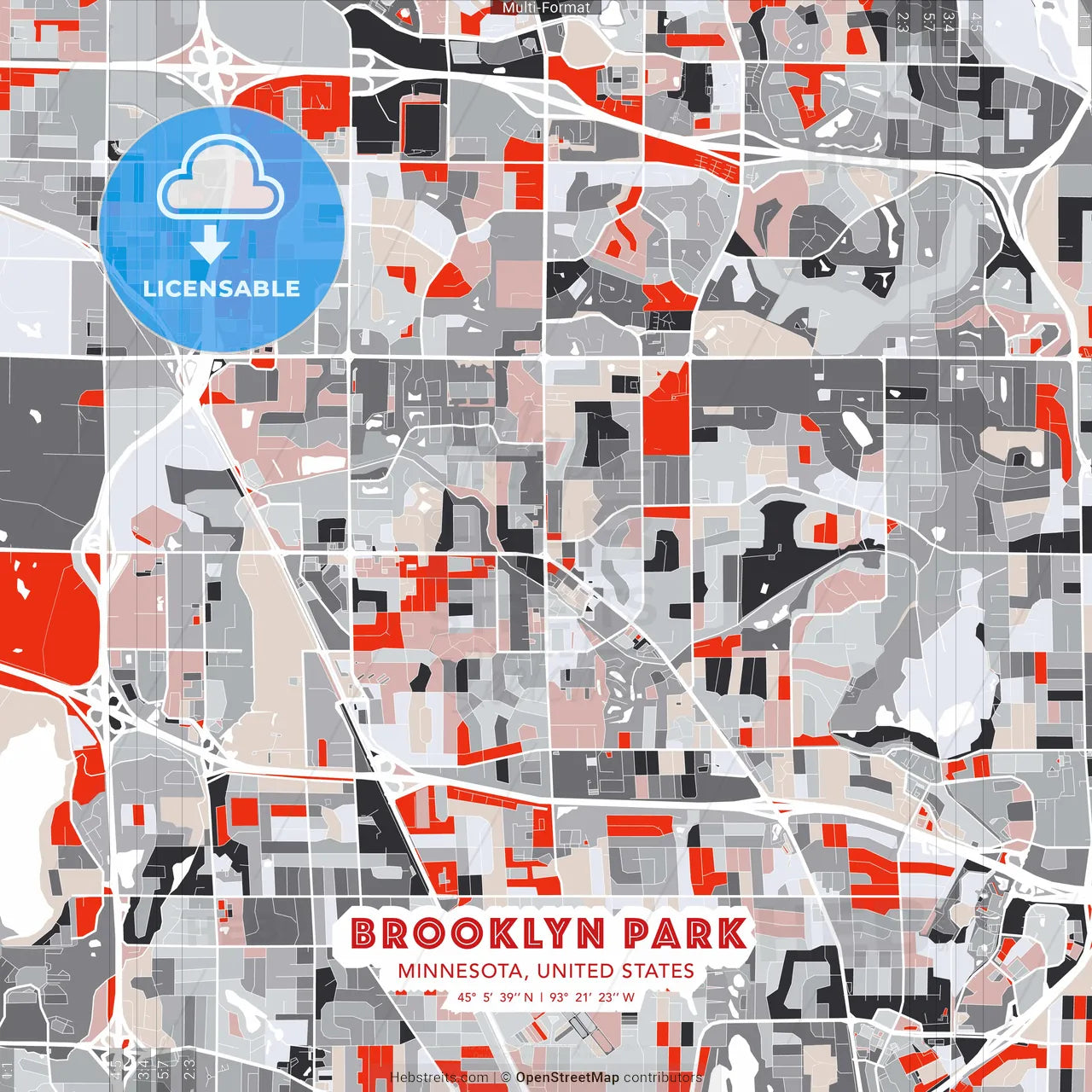 Brooklyn Park, Minnesota, United States - modern street map poster template with gray and red tones