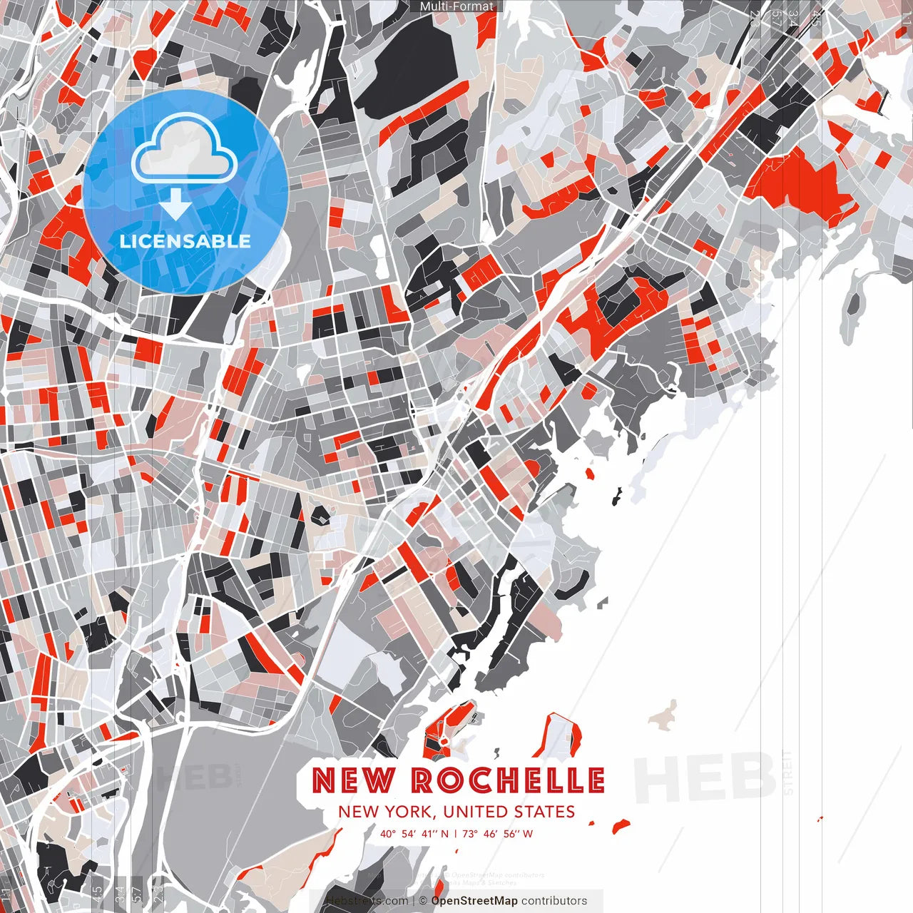 New Rochelle, New York, United States - modern street map poster template with gray and red tones
