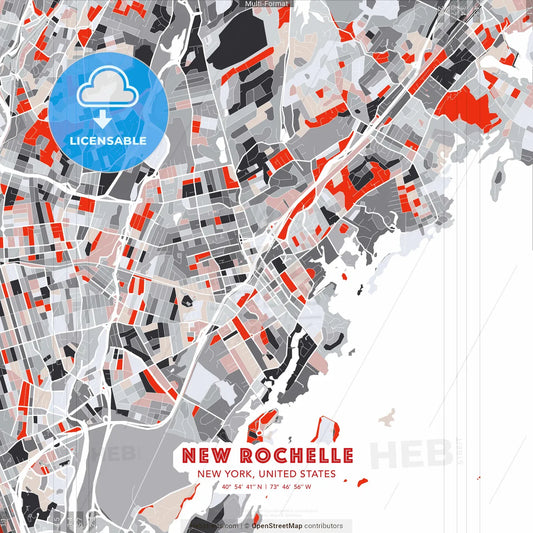 New Rochelle, New York, United States - modern street map poster template with gray and red tones