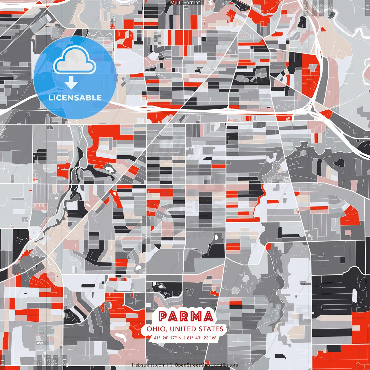 Parma, Ohio, United States - modern street map poster template with gray and red tones