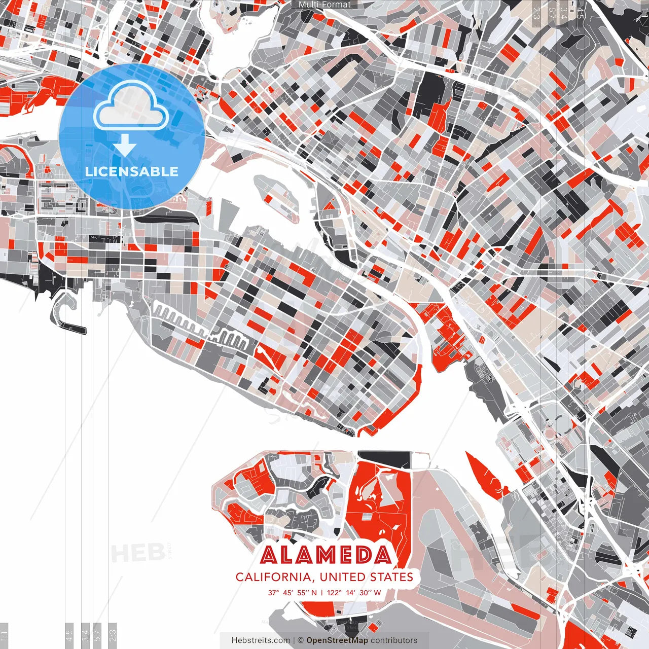 Alameda, California, United States - modern street map poster template with gray and red tones