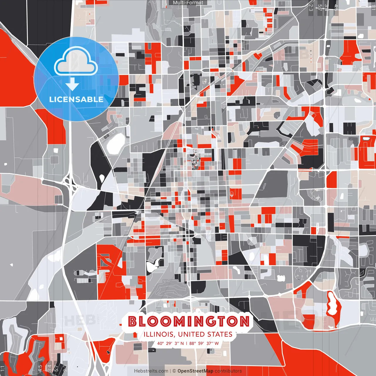 Bloomington, Illinois, United States - modern street map poster template with gray and red tones