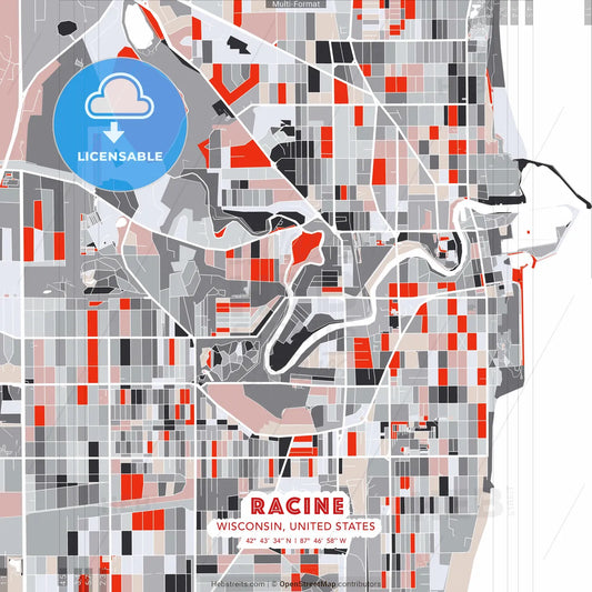 Racine, Wisconsin, United States - modern street map poster template with gray and red tones