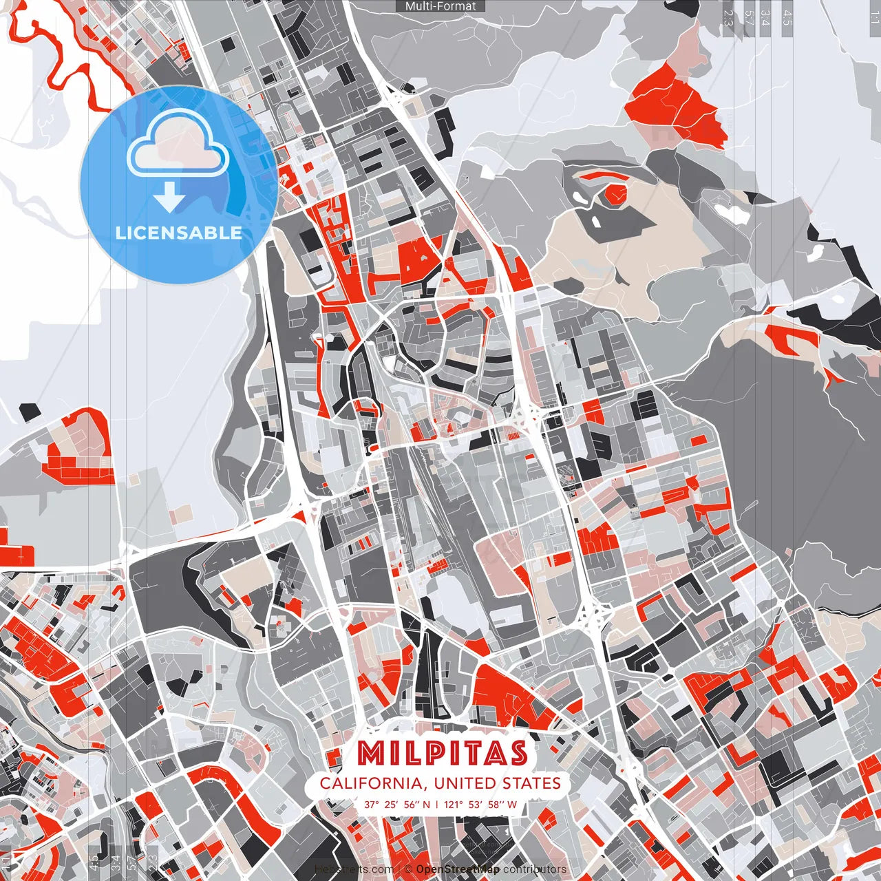 Milpitas, California, United States - modern street map poster template with gray and red tones