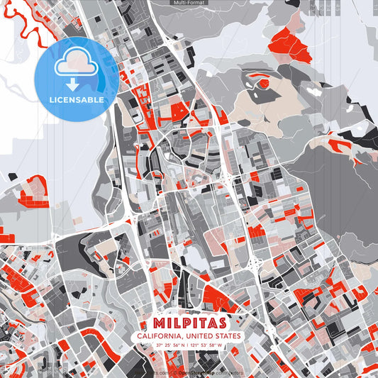 Milpitas, California, United States - modern street map poster template with gray and red tones
