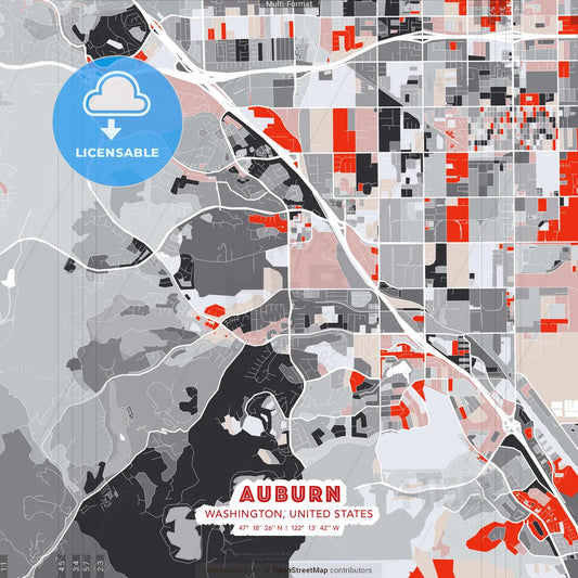 Auburn, Washington, United States - modern street map poster template with gray and red tones