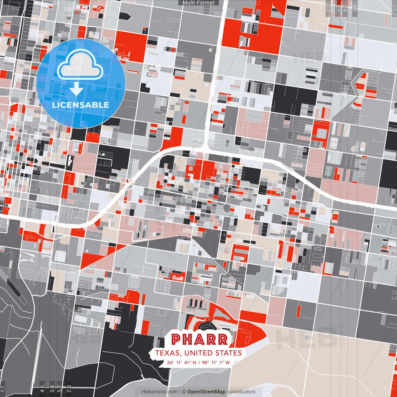 Pharr, Texas, United States - modern street map poster template with gray and red tones