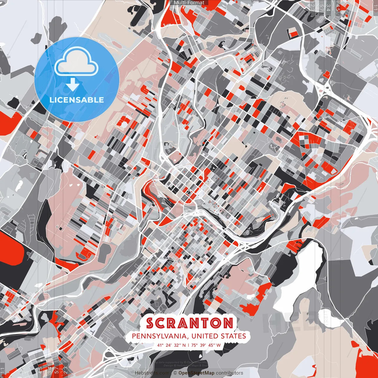 Scranton, Pennsylvania, United States - modern street map poster template with gray and red tones