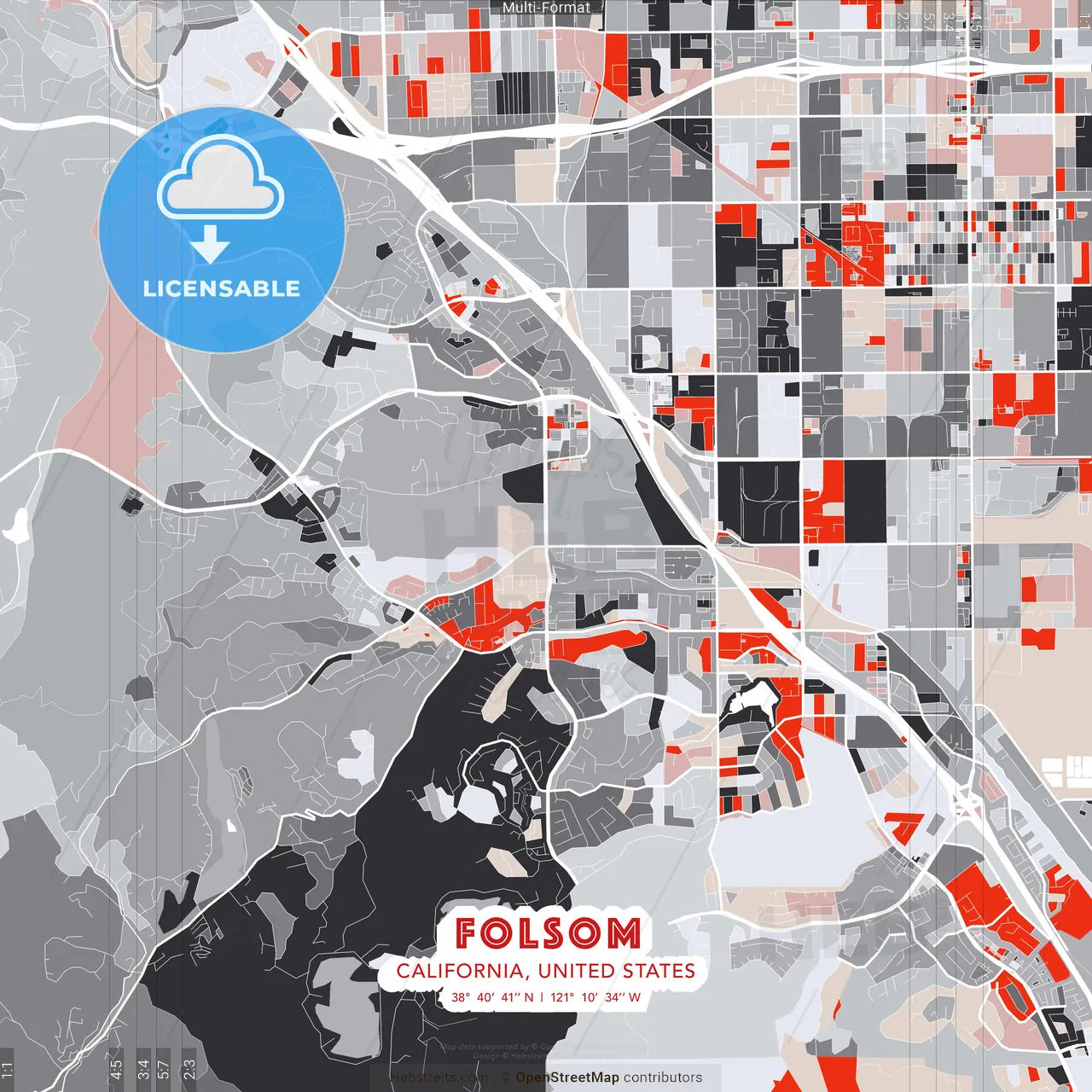 Folsom, California, United States - modern street map poster template with gray and red tones