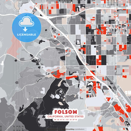 Folsom, California, United States - modern street map poster template with gray and red tones