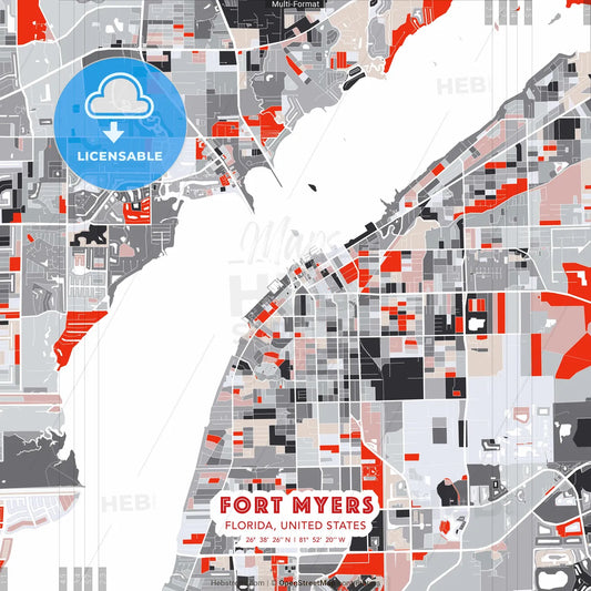 Fort Myers, Florida, United States - modern street map poster template with gray and red tones