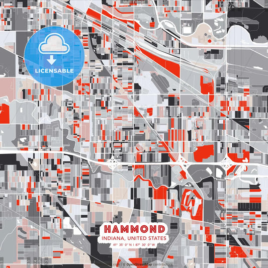 Hammond, Indiana, United States - modern street map poster template with gray and red tones