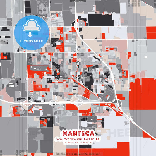 Manteca, California, United States - modern street map poster template with gray and red tones