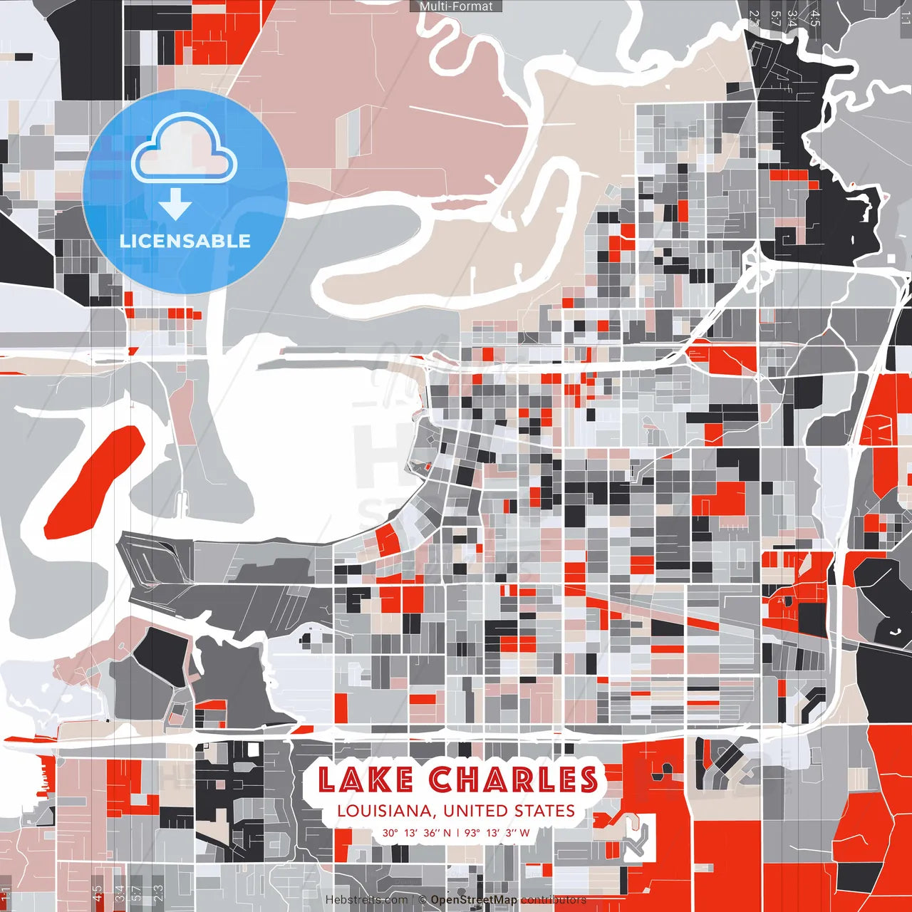 Lake Charles, Louisiana, United States - modern street map poster template with gray and red tones