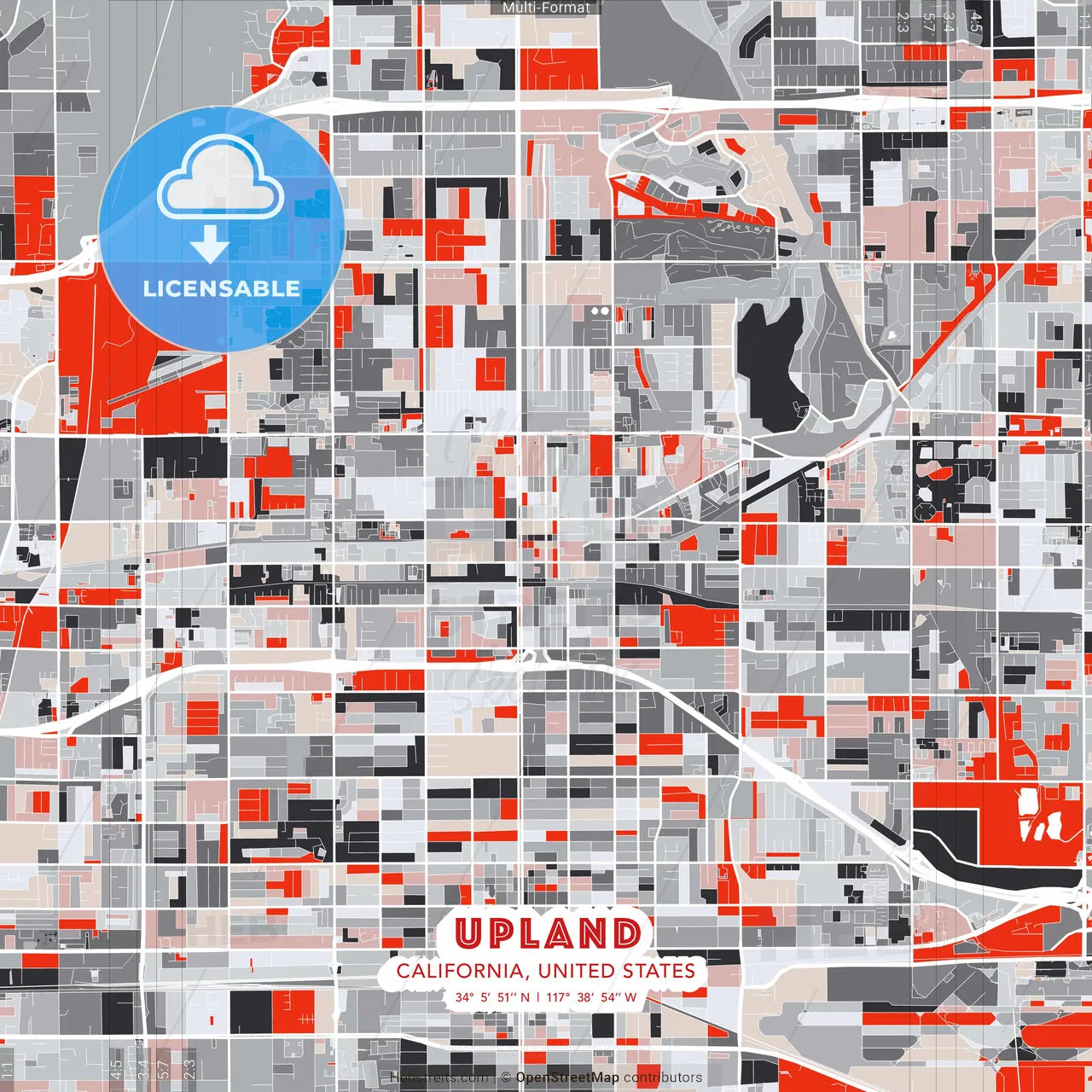 Upland, California, United States - modern street map poster template with gray and red tones