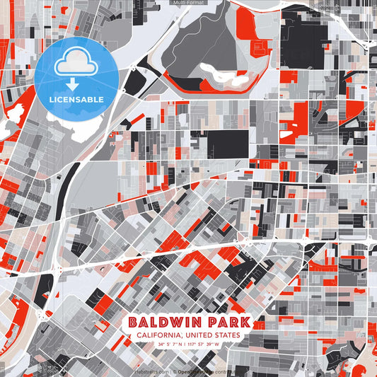 Baldwin Park, California, United States - modern street map poster template with gray and red tones