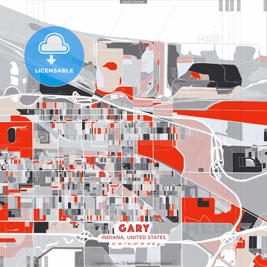 Gary, Indiana, United States - modern street map poster template with gray and red tones