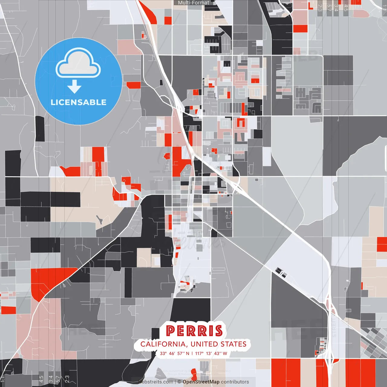 Perris, California, United States - modern street map poster template with gray and red tones