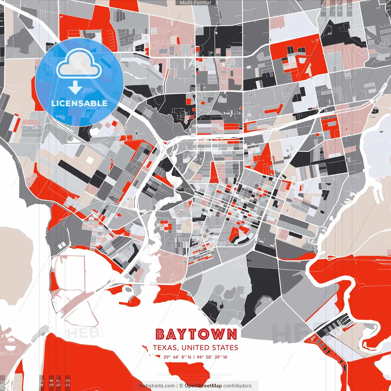 Baytown, Texas, United States - modern street map poster template with gray and red tones