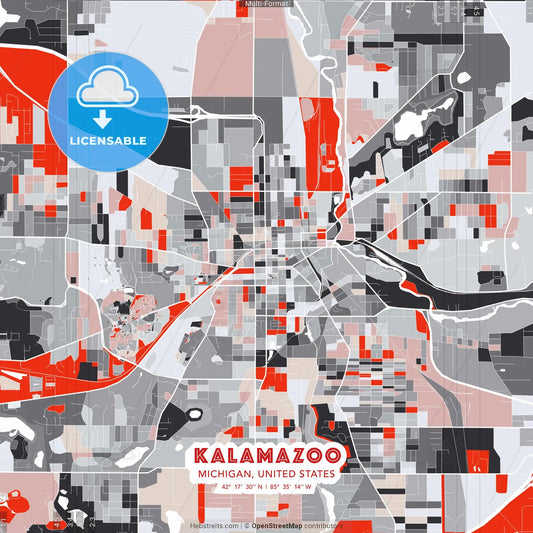 Kalamazoo, Michigan, United States - modern street map poster template with gray and red tones