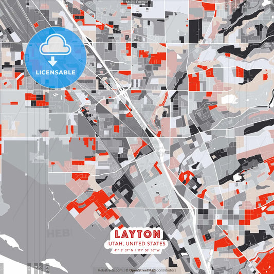 Layton, Utah, United States - modern street map poster template with gray and red tones