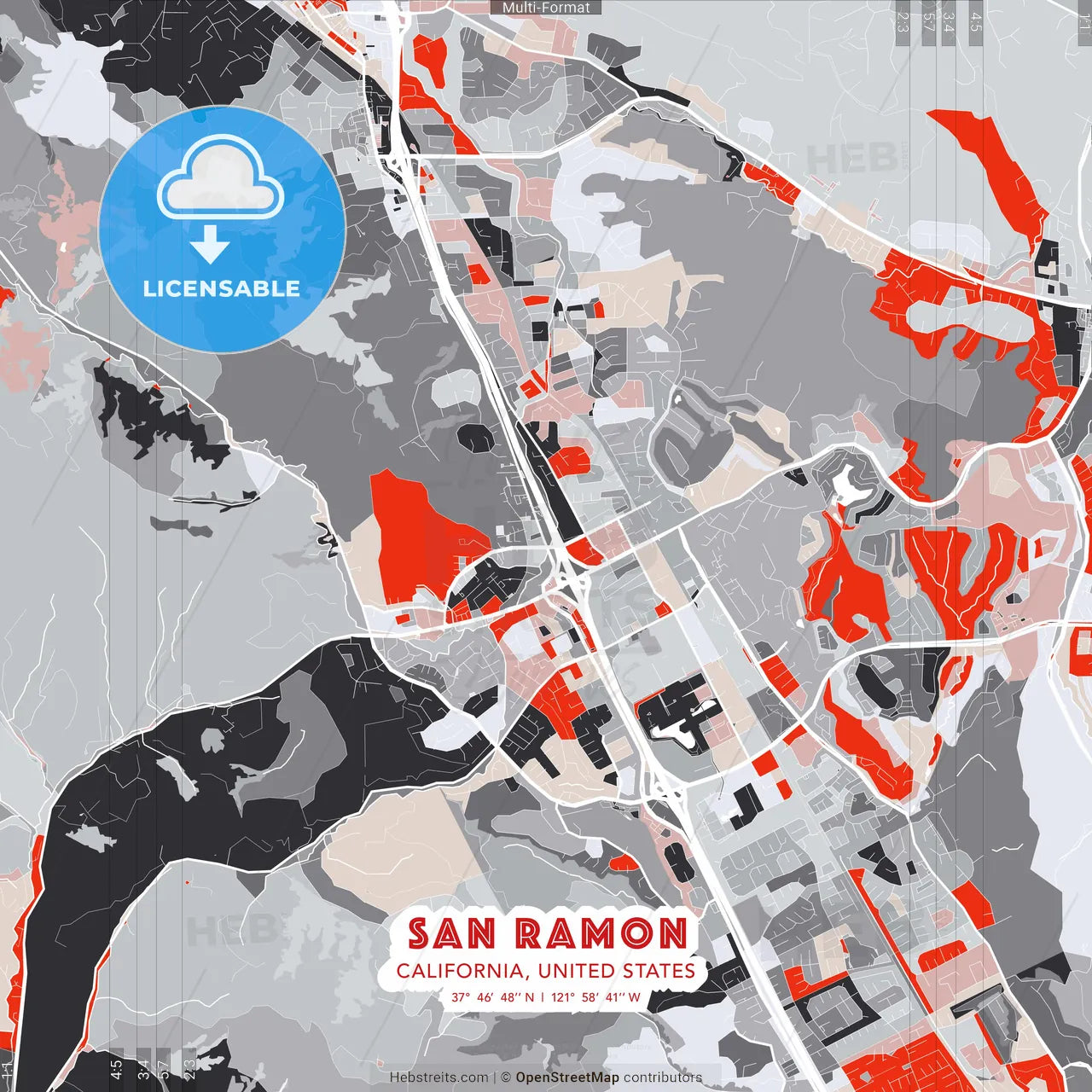 San Ramon, California, United States - modern street map poster template with gray and red tones